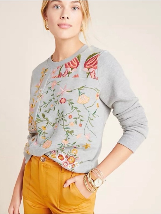 Maeve Tops - Anthropologie Embroidered Floral Crewneck Sweatshirt - Gray